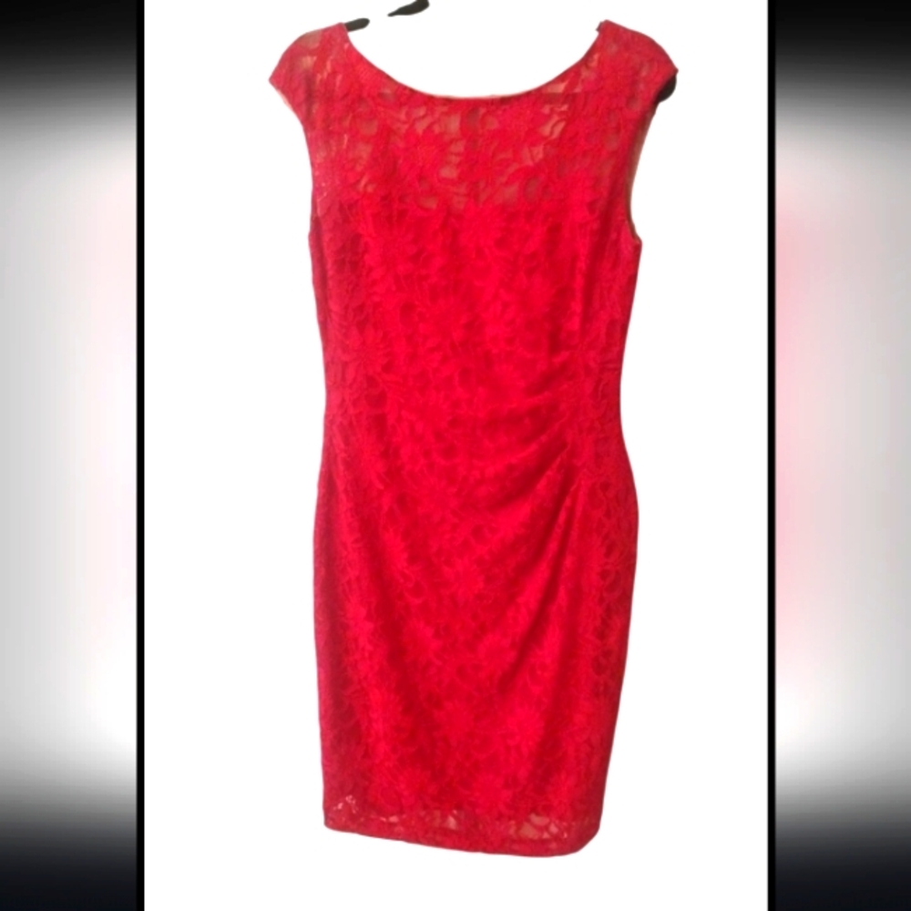 Ralph Lauren Vibrant Red Lace Dress Side Ruching SZ 8